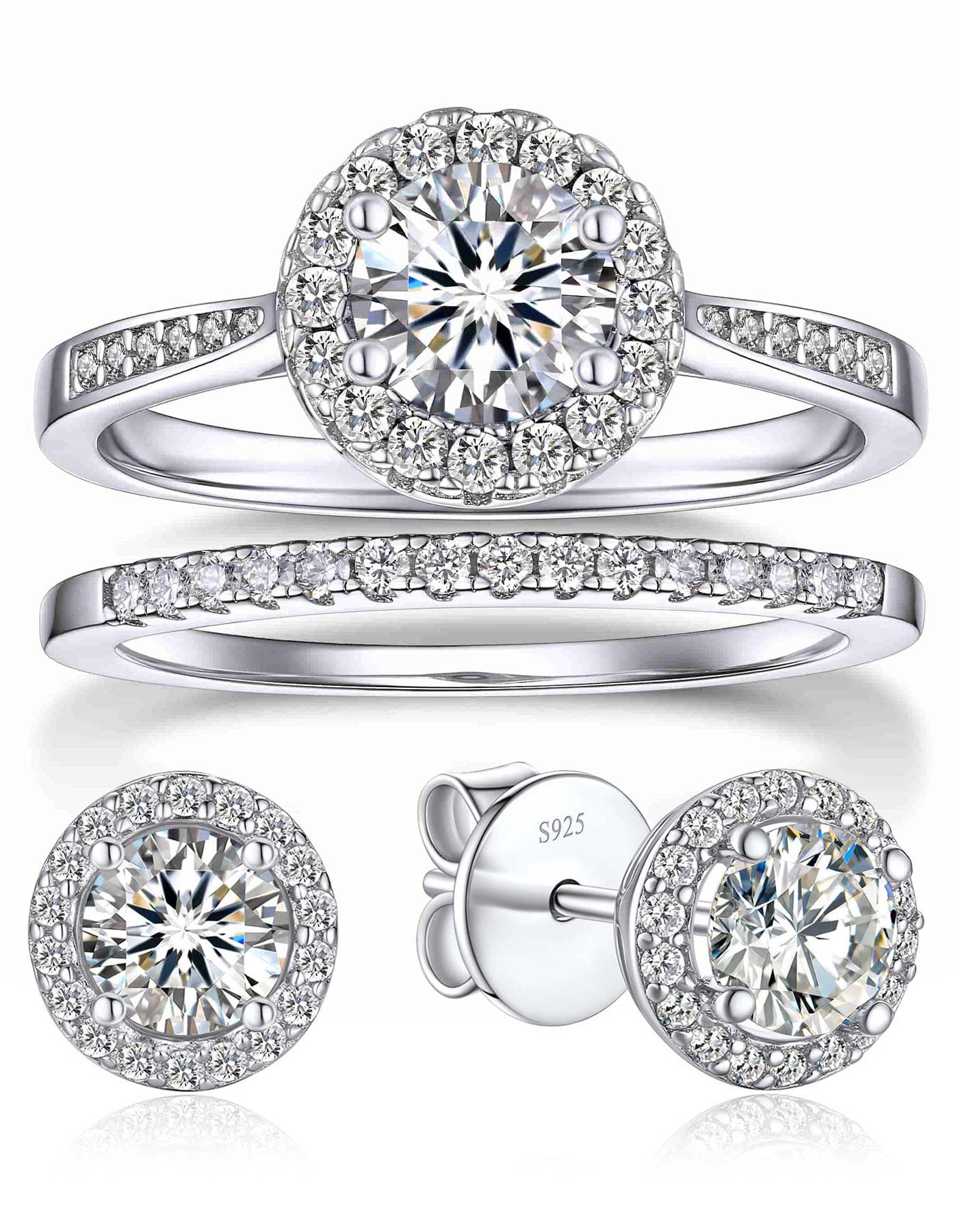 Ahabobo Engagement Ring Wedding Band and Moissanite Earrings Set