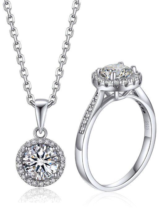 Ahabobo Halo Moissanite Necklace and Ring Set For Women