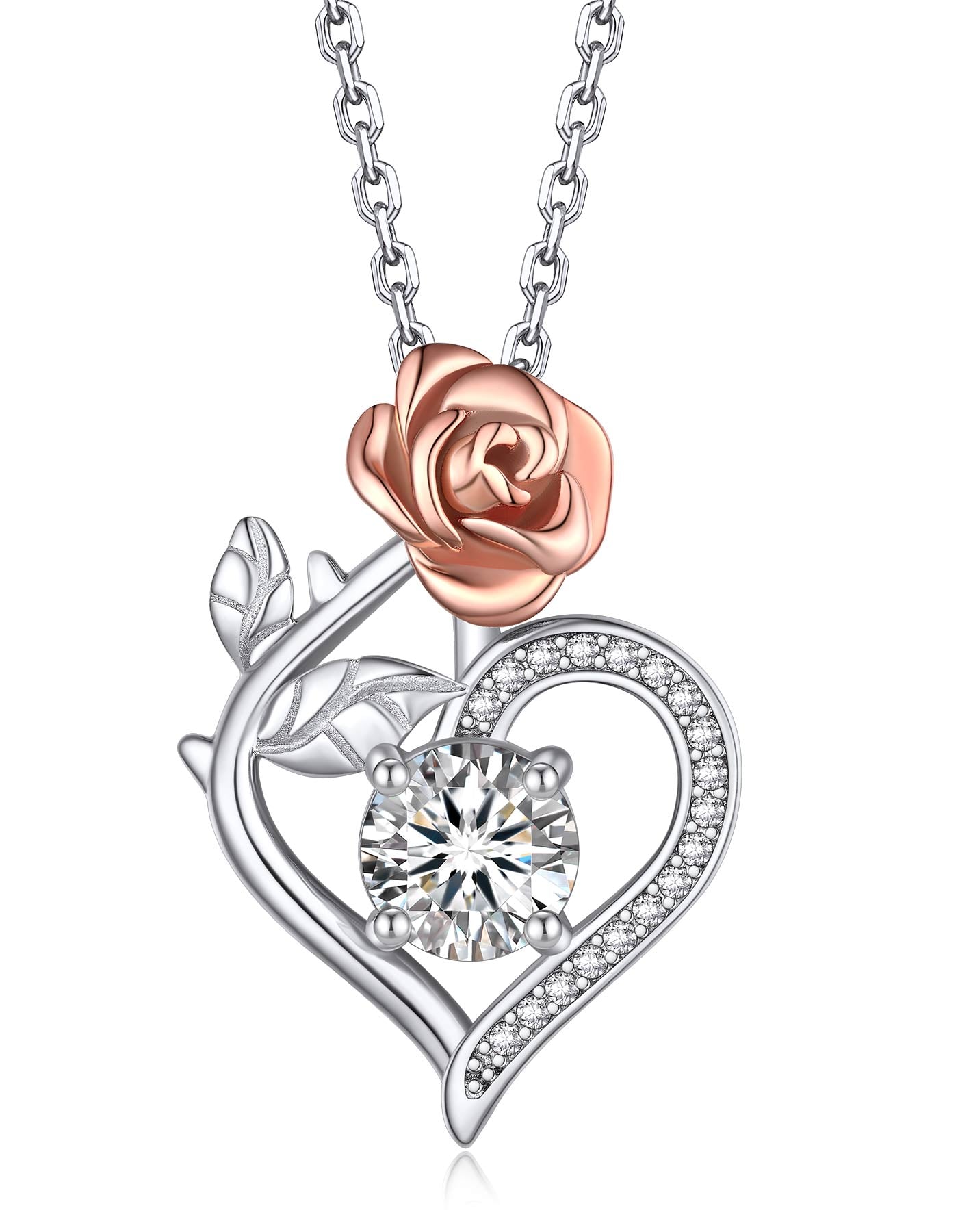 Ahabobo Heart Rose Moissanite Pendant Necklace for Women