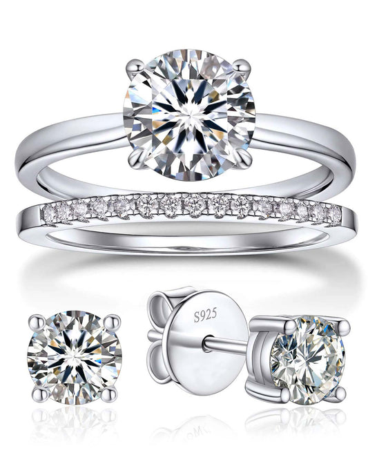 Ahabobo Moissanite Ring Wedding Band and Stud Earrings Set