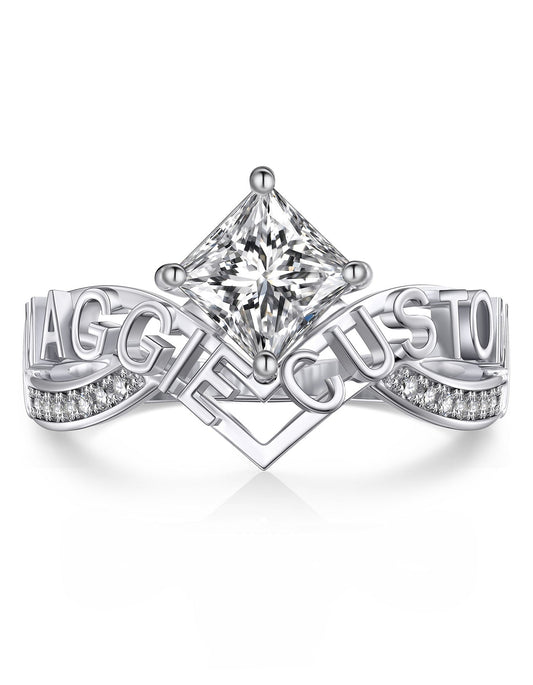 Ahabobo Princess Cut Moissanite Ring Custom Name Engagement Ring