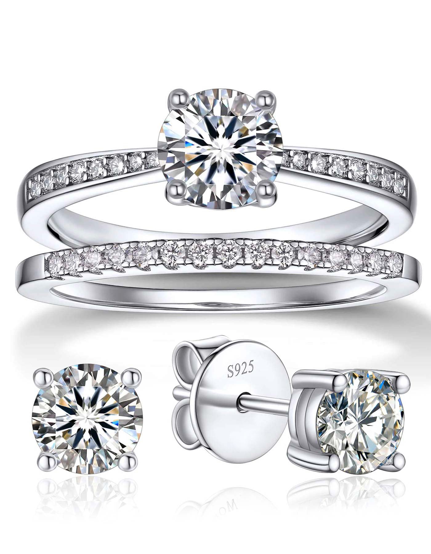 Ahabobo Promise Ring Wedding Band With Moissanite Earrings Set