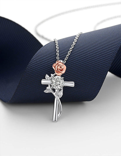 Ahabobo Sterling Silver Rose Cross Pendant Necklace With Moissanite