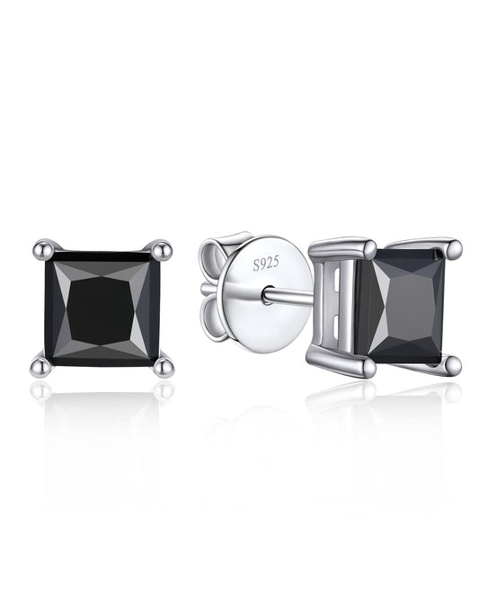 Ahabobo Stelring Silver Black Moissanite Princess Cut Stud Earrings