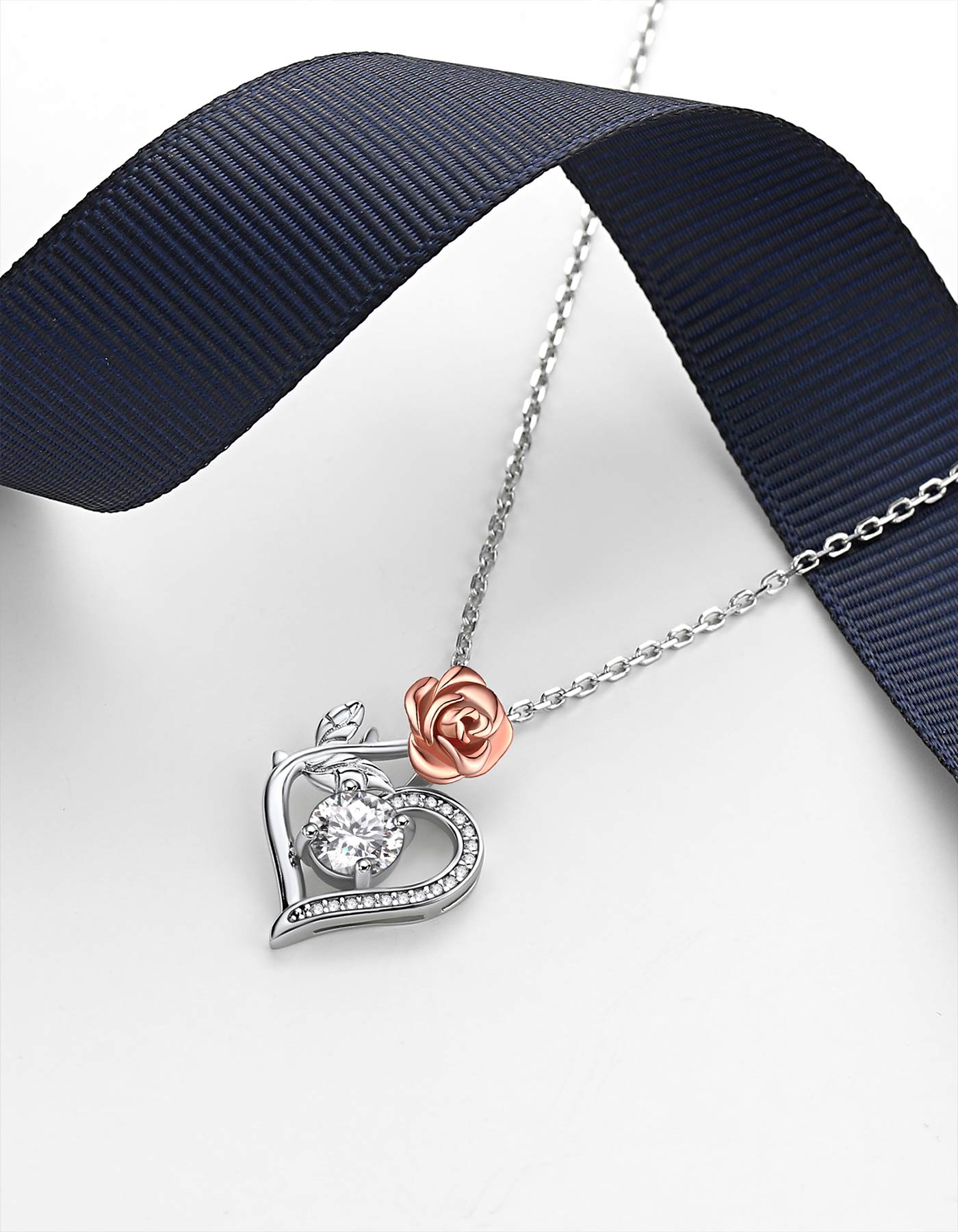 Ahabobo Heart Rose Moissanite Pendant Necklace for Women